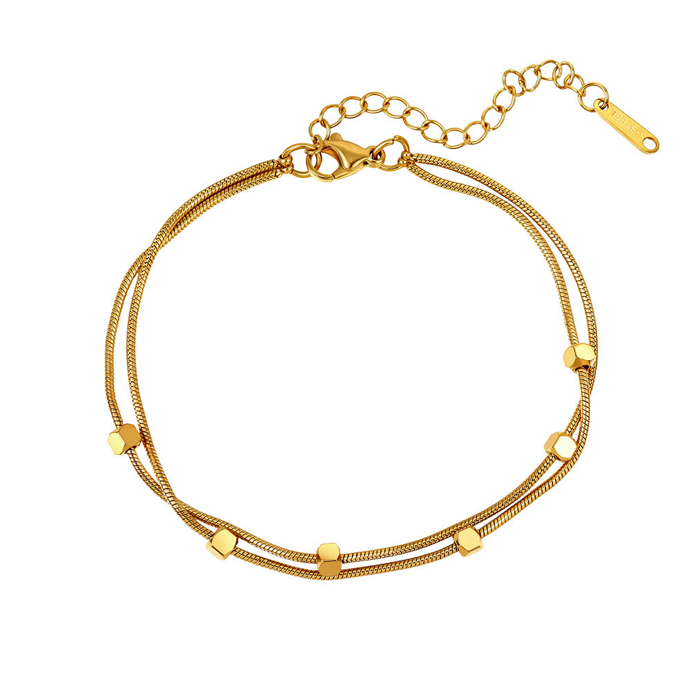 Gold Plated Stainless Steel Double Layer Snake Chain Bracelet, Hexagon Cube Bead Accents, Adjustable Extension Chain
