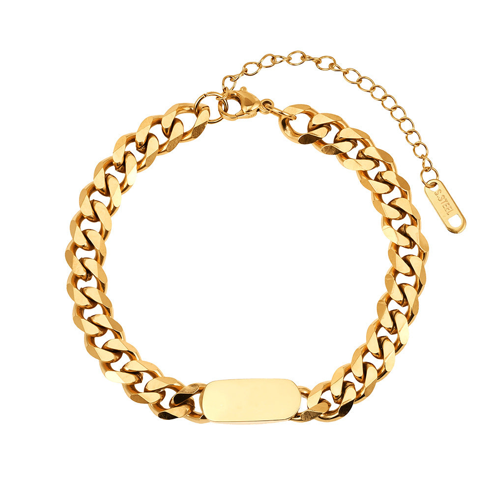 Gold Plated Stainless Steel Chunky Curb Chain Bracelet, Blank Rectangular Engravable Tag, Adjustable Extension