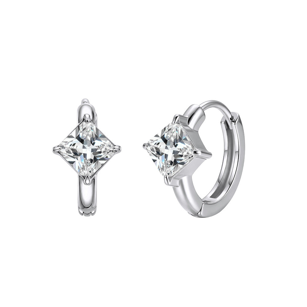Silver Stainless Steel Princess Square Cut CZ Huggie Hoop Earrings