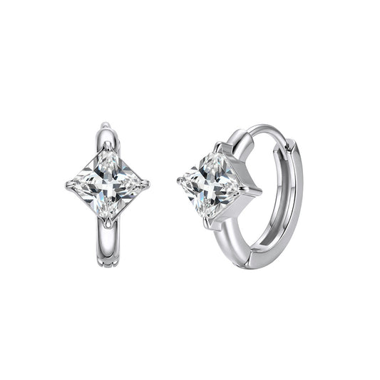 Silver Stainless Steel Princess Square Cut CZ Huggie Hoop Earrings