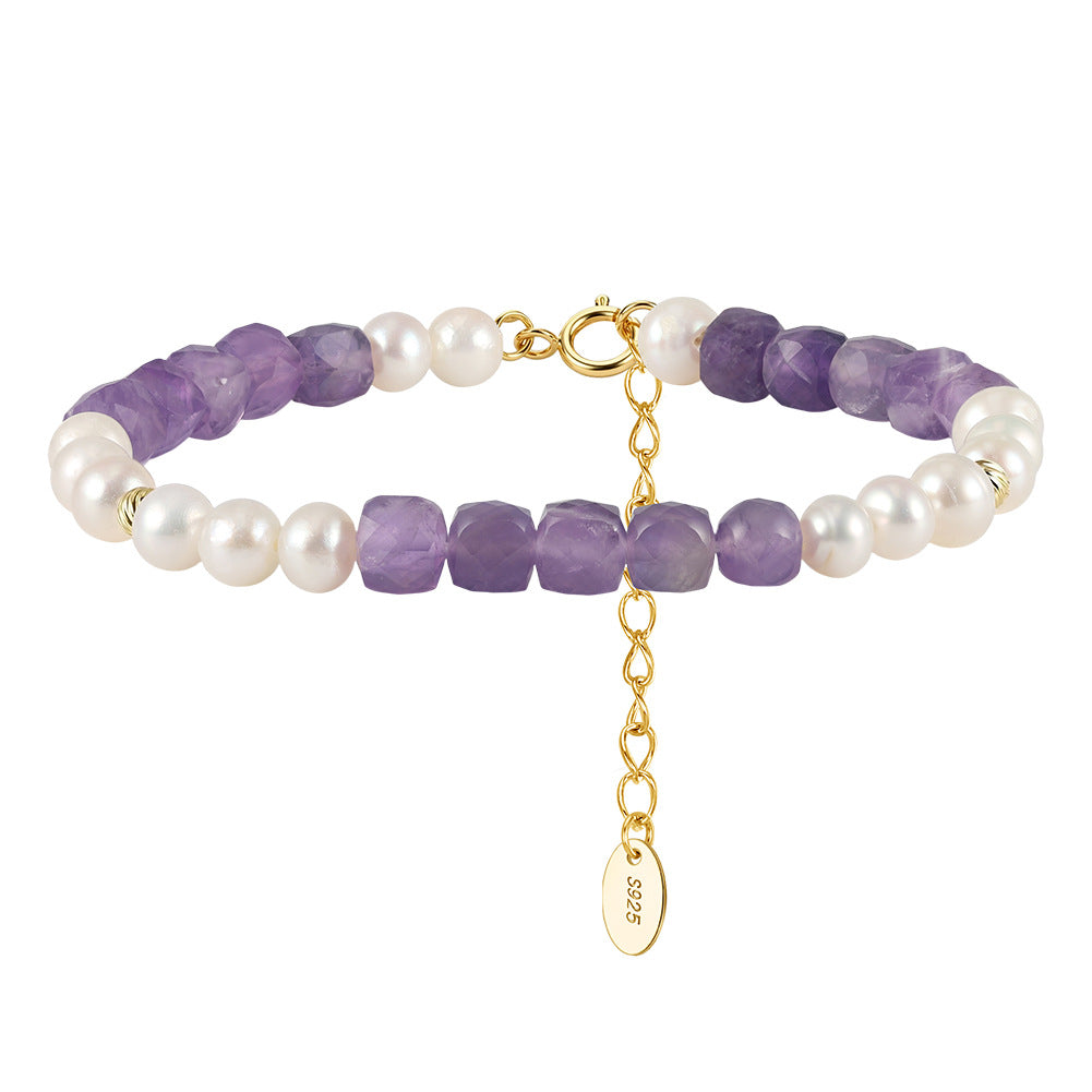 S925 Gold Plated Beaded Bracelet, Round Lustrous Freshwater Pearls and Faceted Cube Amethyst Beads, Dainty Beaded Design, Adjustable Extension Chain