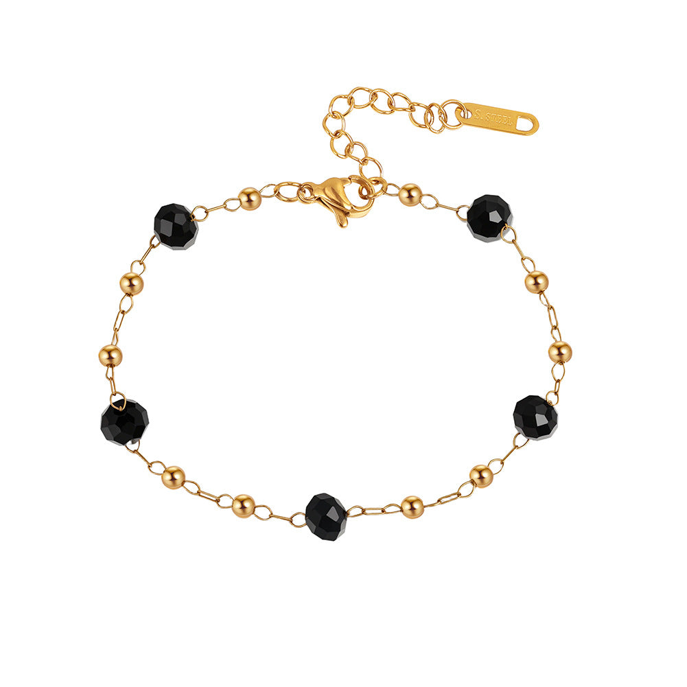 Gold Plated Stainless Steel Bracelet, Black Faceted Onyx Beads with Gold Spacer Balls, Adjustable Extension Chain