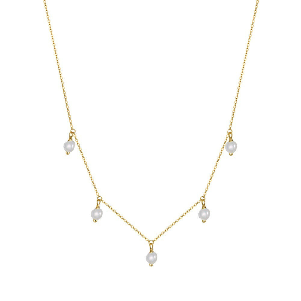 Gold Stainless Steel Dangling Imitation Pearl Necklace, 5pcs White Baroque Pearl Drop Charms On Delicate Cable Chain