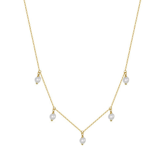 Gold Stainless Steel Dangling Imitation Pearl Necklace, 5pcs White Baroque Pearl Drop Charms On Delicate Cable Chain