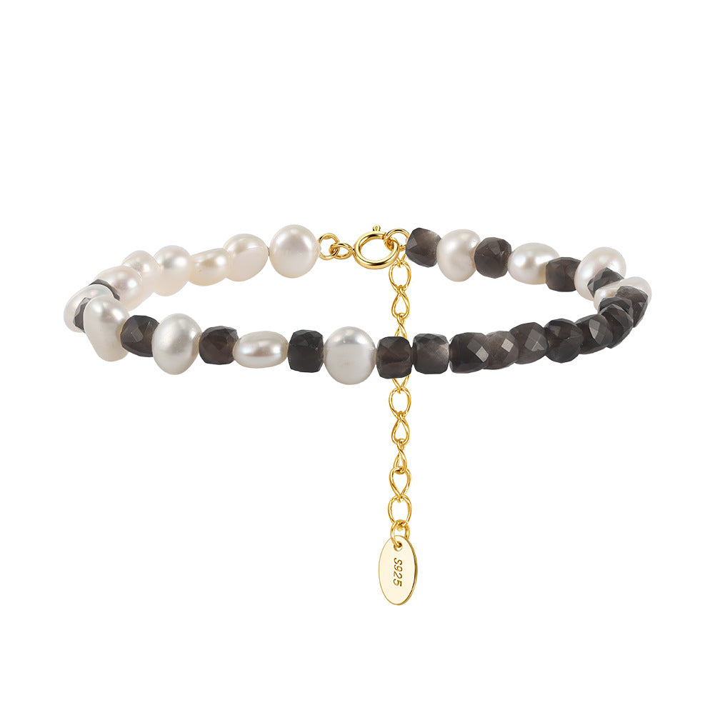 MPB26S925 Gold Plated Beaded Bracelet, Irregular Lustrous Freshwater Pearls paired with Smoky Quartz Faceted Beads, Adjustable Tassel Extension Chain