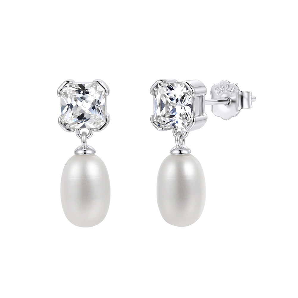 S925 Sterling Silver Cushion Cut CZ & Oval Freshwater Pearl Drop Earrings, Sparkling Square Cubic Zirconia Teardrop Pearl Earring Studs