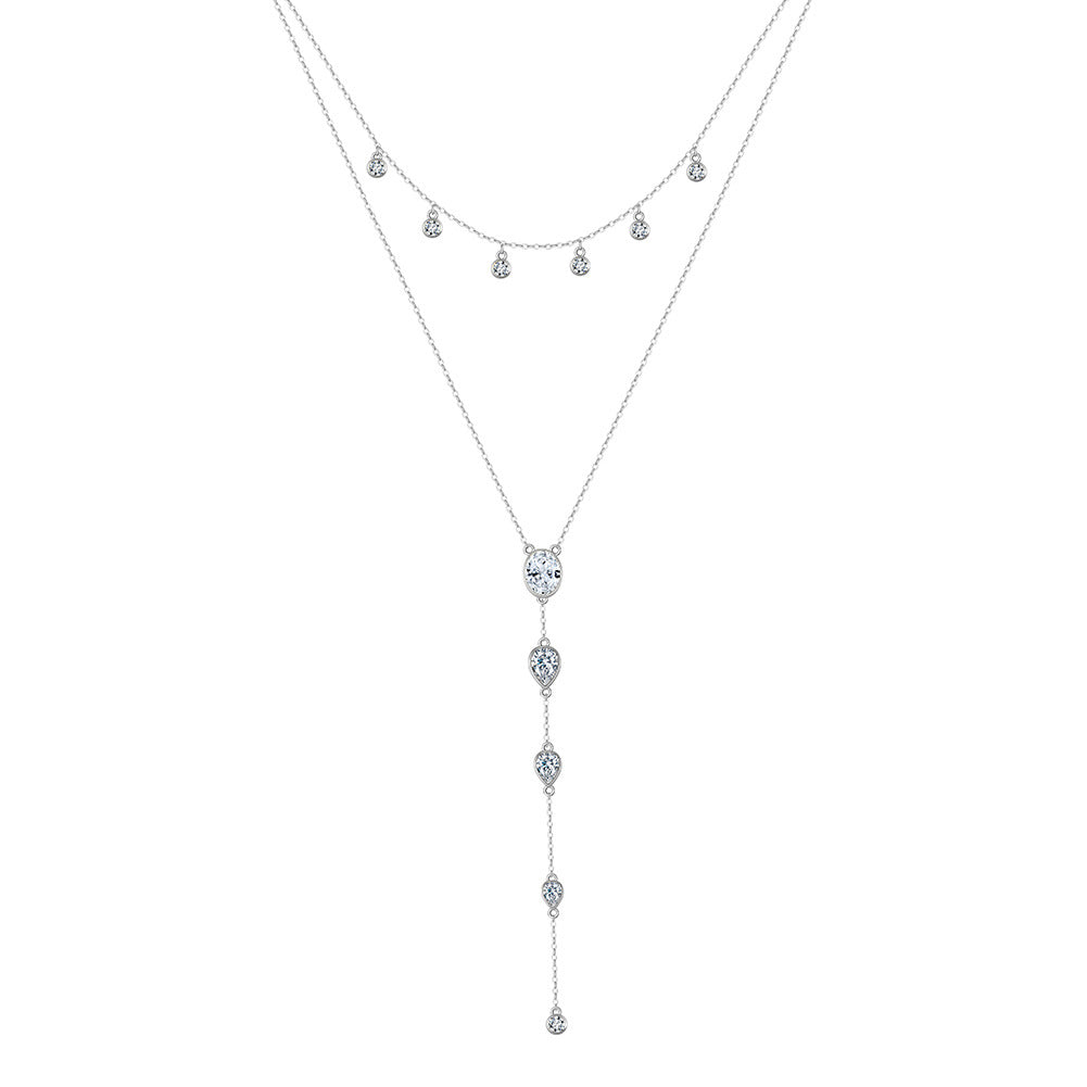 Stainless Steel Layered Y Drop Necklace, Silver Plated Multi CZ Tassel Necklace, Oval & Pear Cut Crystal Long Lariat Necklace for Women