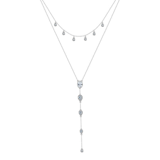 Stainless Steel Layered Y Drop Necklace, Silver Plated Multi CZ Tassel Necklace, Oval & Pear Cut Crystal Long Lariat Necklace for Women