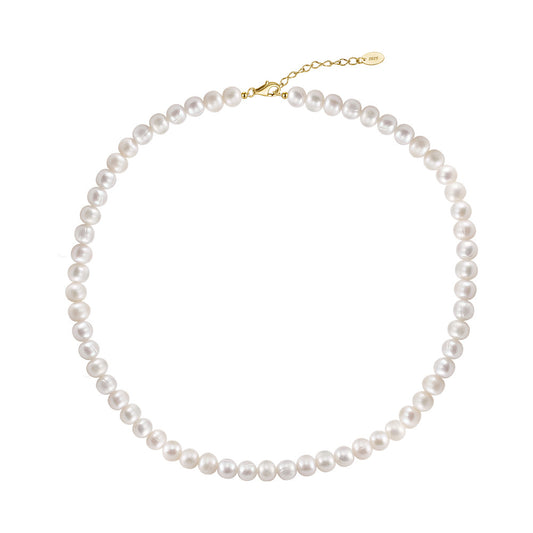 Lustrous White Irregular Potato Freshwater Pearl Choker Necklace, Full Strand Cultured Pearls S925 Gold Plated Adjustable Chain