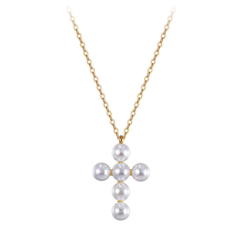 Gold Stainless Steel Pearl Cross Necklace, 6 Round White Imitation Pearl Cross Pendant, Dainty Rolo Link Chain