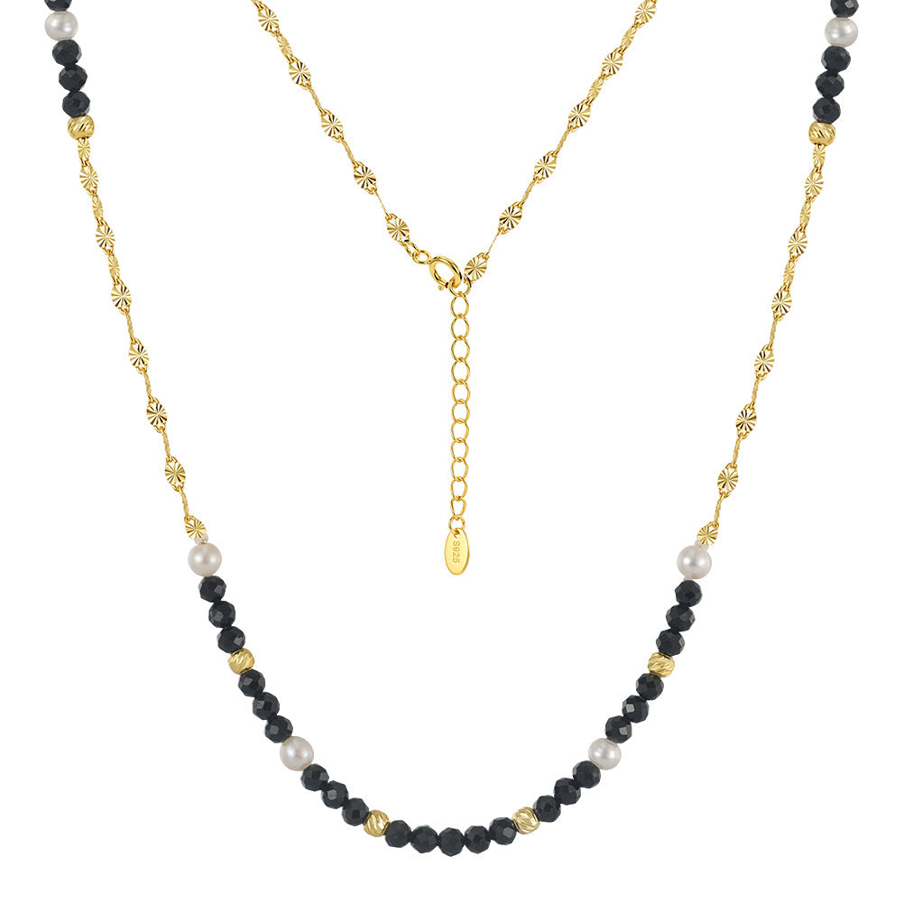 Gold Sunburst Chain Pearl Necklace, White Cultured Pearls & Black Faceted Onyx Beaded Necklace