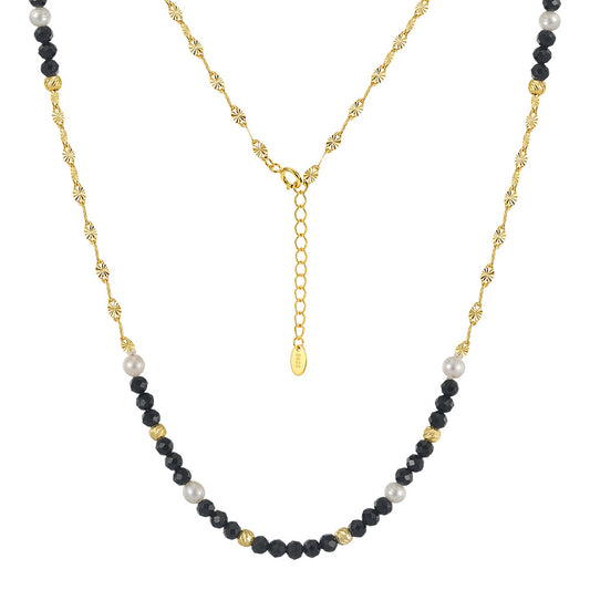 Gold Sunburst Chain Pearl Necklace, White Cultured Pearls & Black Faceted Onyx Beaded Necklace