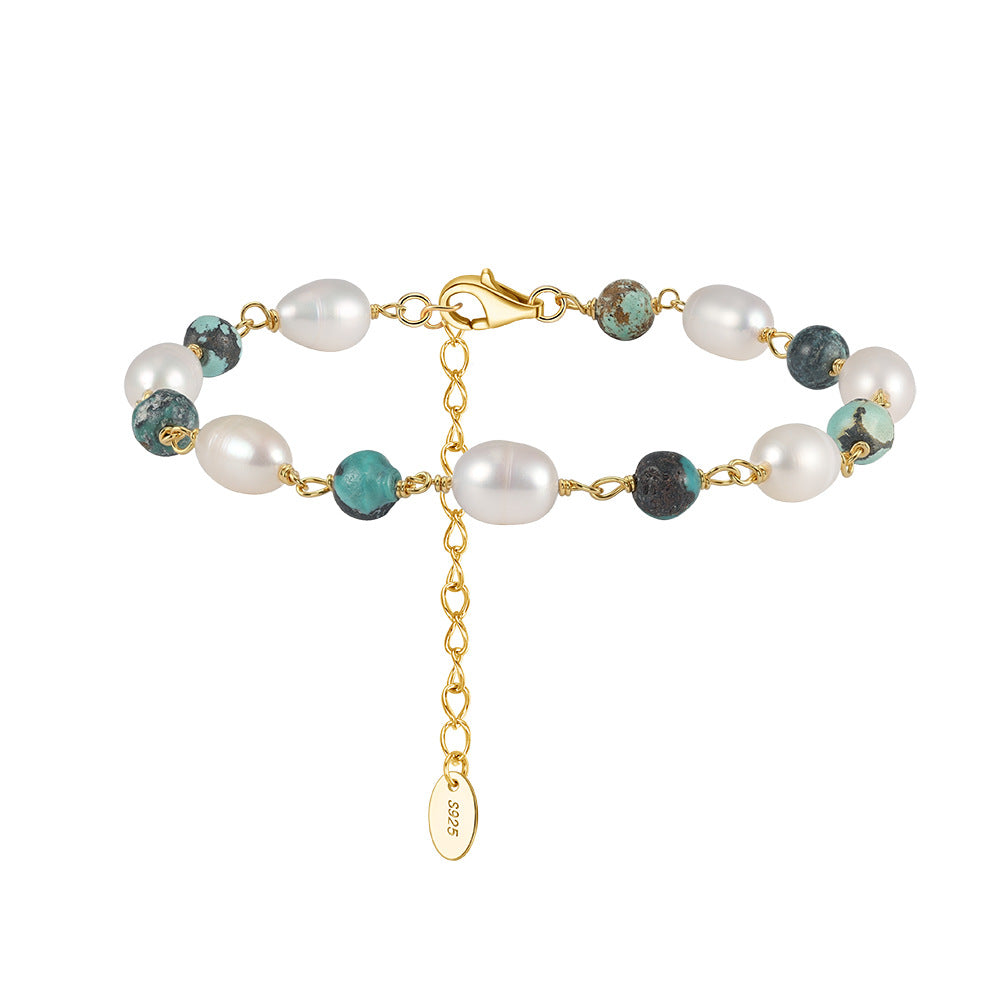 S925 Gold Plated Beaded Bracelet, Oval Lustrous Freshwater Pearls Mixed with African Turquoise Round Beads, Wire Wrapped Design, Adjustable Extension Chain