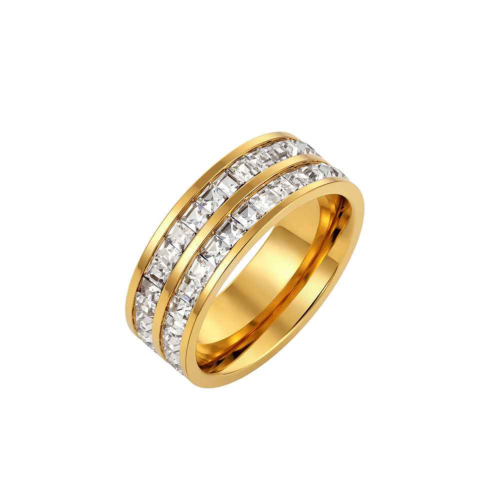 Gold Plated Stainless Steel Wide Band Ring, Double Row Baguette Cut CZ Stones
