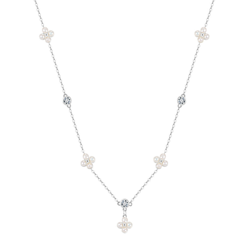 Flower Cluster Freshwater Pearl Station Necklace, Tiny Lustrous White Pearl Flower Accents with Cubic Zirconia S925 Silver Chain