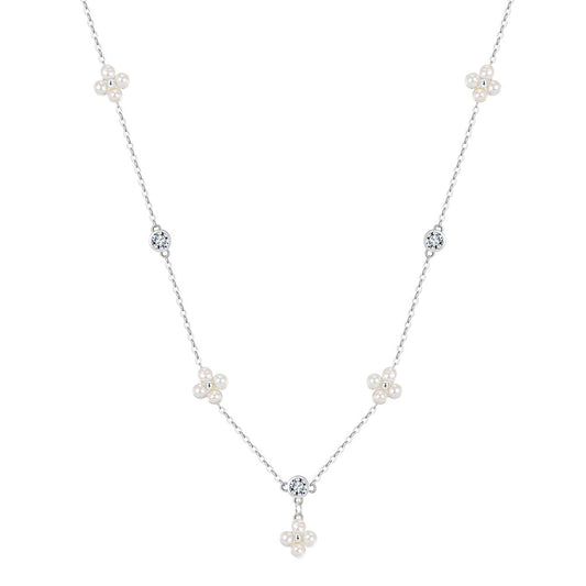 Flower Cluster Freshwater Pearl Station Necklace, Tiny Lustrous White Pearl Flower Accents with Cubic Zirconia S925 Silver Chain