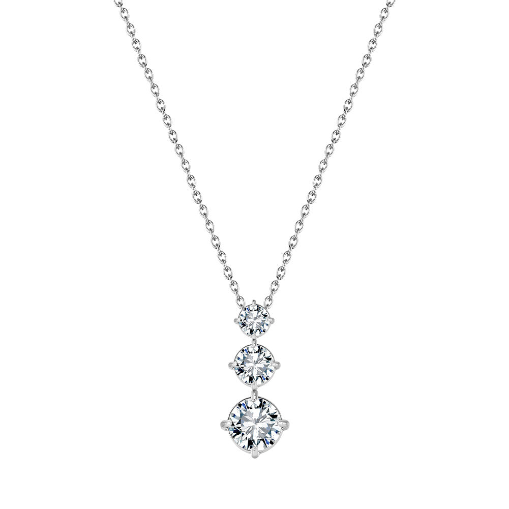 Silver Stainless Steel Graduated Round CZ Drop Necklace, Three Tier Size Increasing Round Cubic Zirconia Pendant Rolo Chain