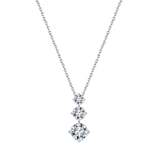 Silver Stainless Steel Graduated Round CZ Drop Necklace, Three Tier Size Increasing Round Cubic Zirconia Pendant Rolo Chain