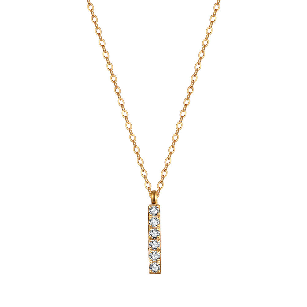 Gold Stainless Steel Vertical Bar CZ Pendant Necklace, 6 Round Cubic Zirconia Inlaid Rectangle Bar Cable Chain