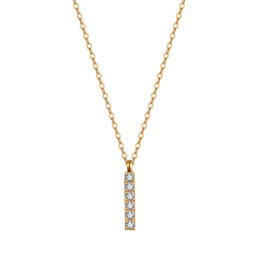 Gold Stainless Steel Vertical Bar CZ Pendant Necklace, 6 Round Cubic Zirconia Inlaid Rectangle Bar Cable Chain