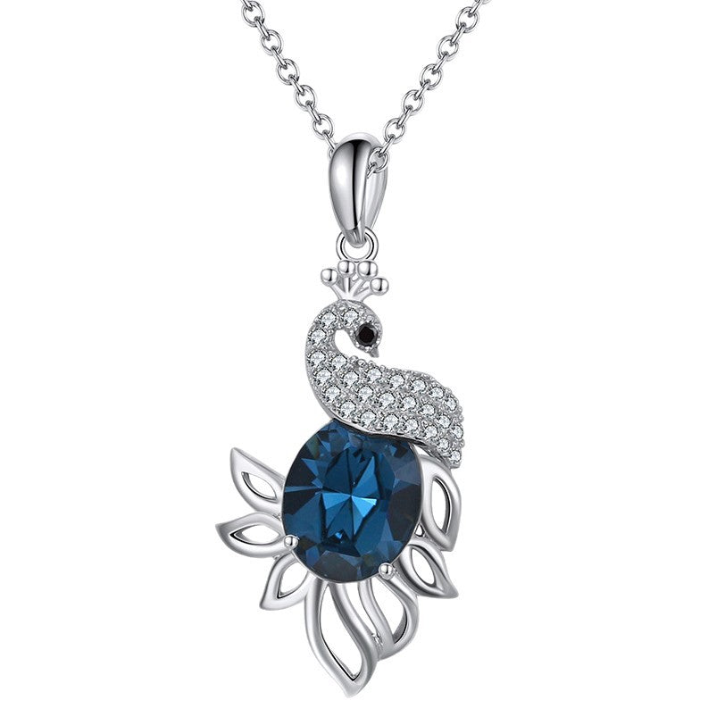 Silver Stainless Steel Peacock Pendant Necklace, Oval Deep Blue CZ with Paved Clear CZ Peacock Charm Necklace