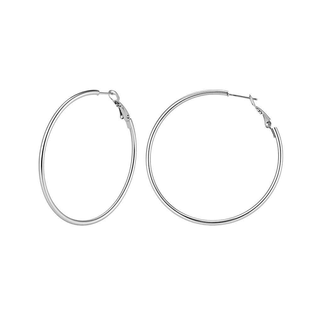 Silver Tone Stainless Steel Thin Wire Large Round Hoop Earrings