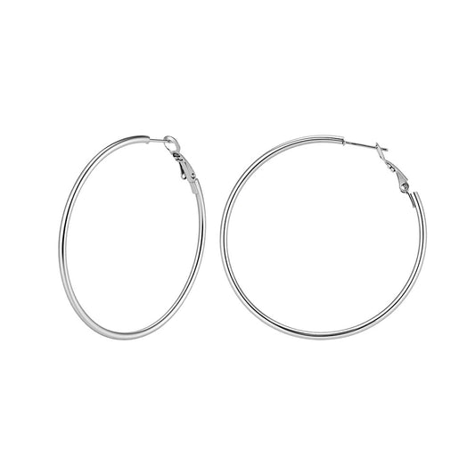 Silver Tone Stainless Steel Thin Wire Large Round Hoop Earrings