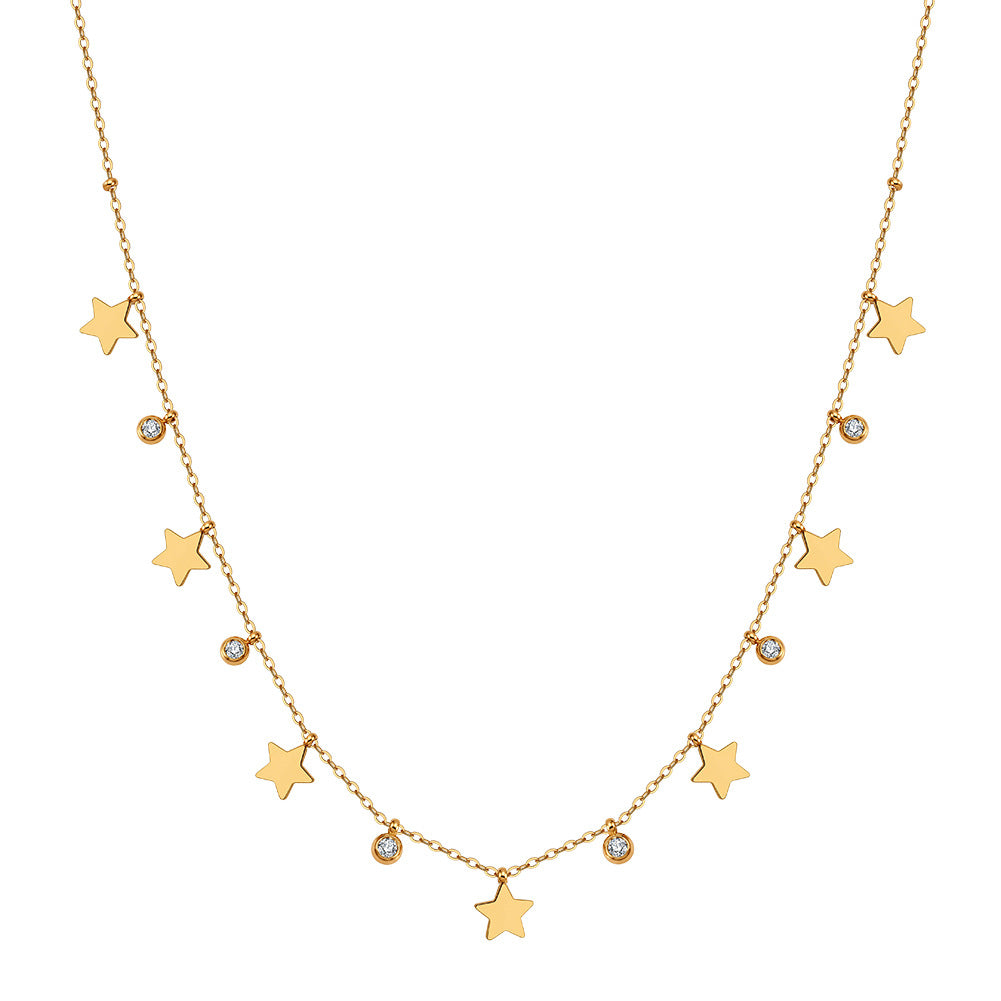 Gold Stainless Steel Star Drop Necklace, Multiple Solid Star Charms & Bezel Set Clear CZ Dangling on Thin Rolo Chain