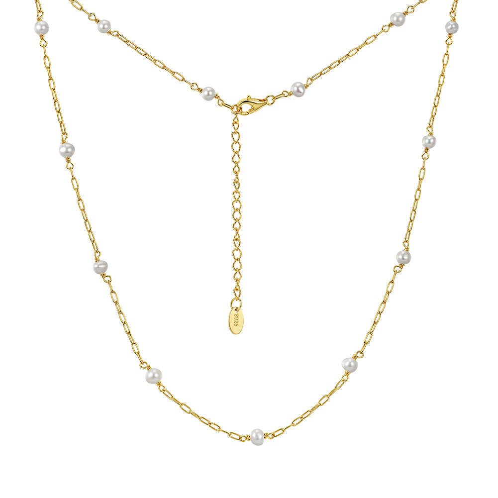 Gold Stainless Steel Station Pearl Necklace, Round White Pearl Beads On Paperclip Chain With Adjustable Extension Tail
