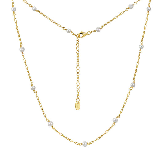 Gold Stainless Steel Station Pearl Necklace, Round White Pearl Beads On Paperclip Chain With Adjustable Extension Tail