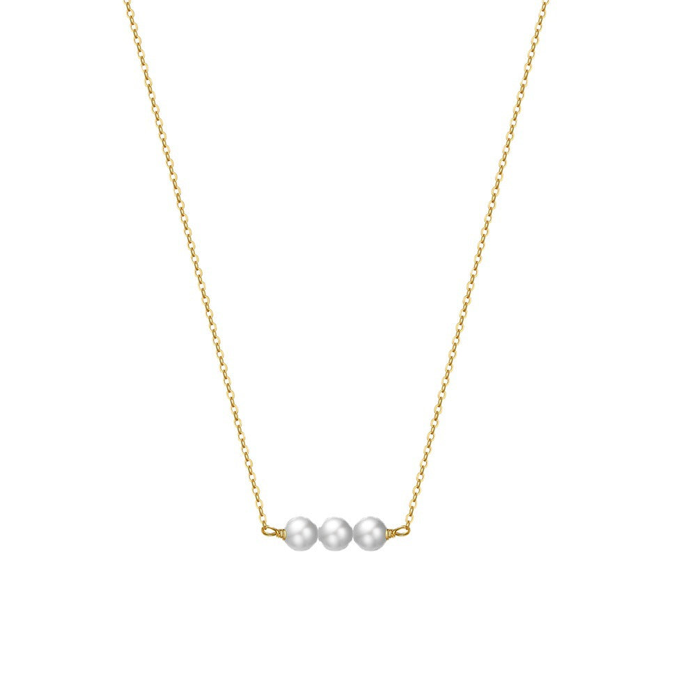 Gold Minimalist Horizontal Bar Necklace, Three Glossy Round Freshwater Pearls Side-by-Side on Thin Cable Chain
