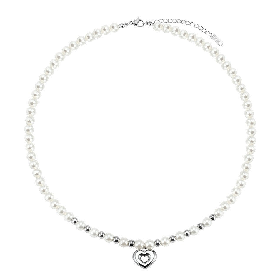 Silver Stainless Steel White Pearl Station Choker Necklace, Hollow Double Heart Pendant with Tiny Metal Bead Accents, Adjustable Chain