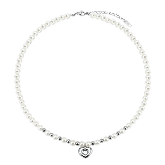 Silver Stainless Steel White Pearl Station Choker Necklace, Hollow Double Heart Pendant with Tiny Metal Bead Accents, Adjustable Chain