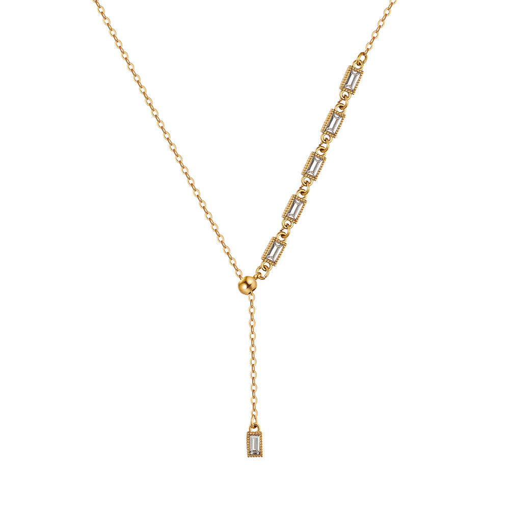 Gold Stainless Steel Baguette CZ Lariat Y Necklace, Vertical Rectangle Baguette Cut Zircon Station Adjustable Drop Chain