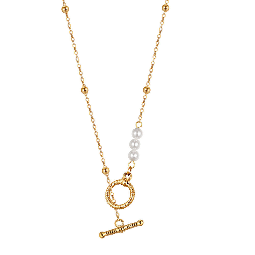 Gold Stainless Steel Beaded Rolo Chain Necklace with White Pearl Accents, Textured Toggle OT Clasp Pendant
