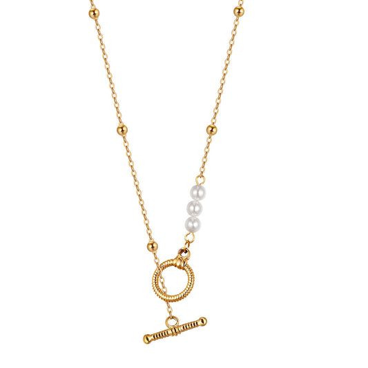 Gold Stainless Steel Beaded Rolo Chain Necklace with White Pearl Accents, Textured Toggle OT Clasp Pendant
