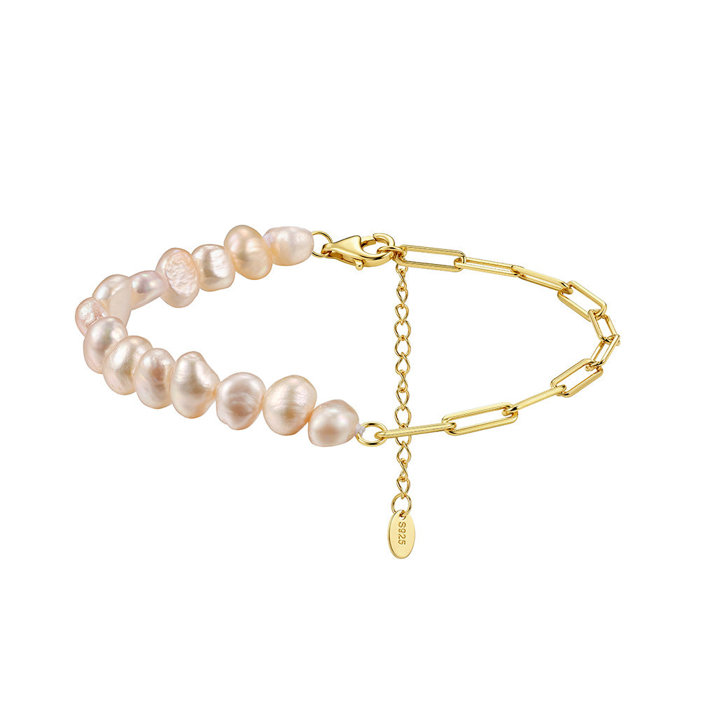 S925 Gold Plated Half Baroque Pearl Half Paperclip Chain Bracelet, Cream Natural Baroque Freshwater Pearls, Adjustable Extension Chain
