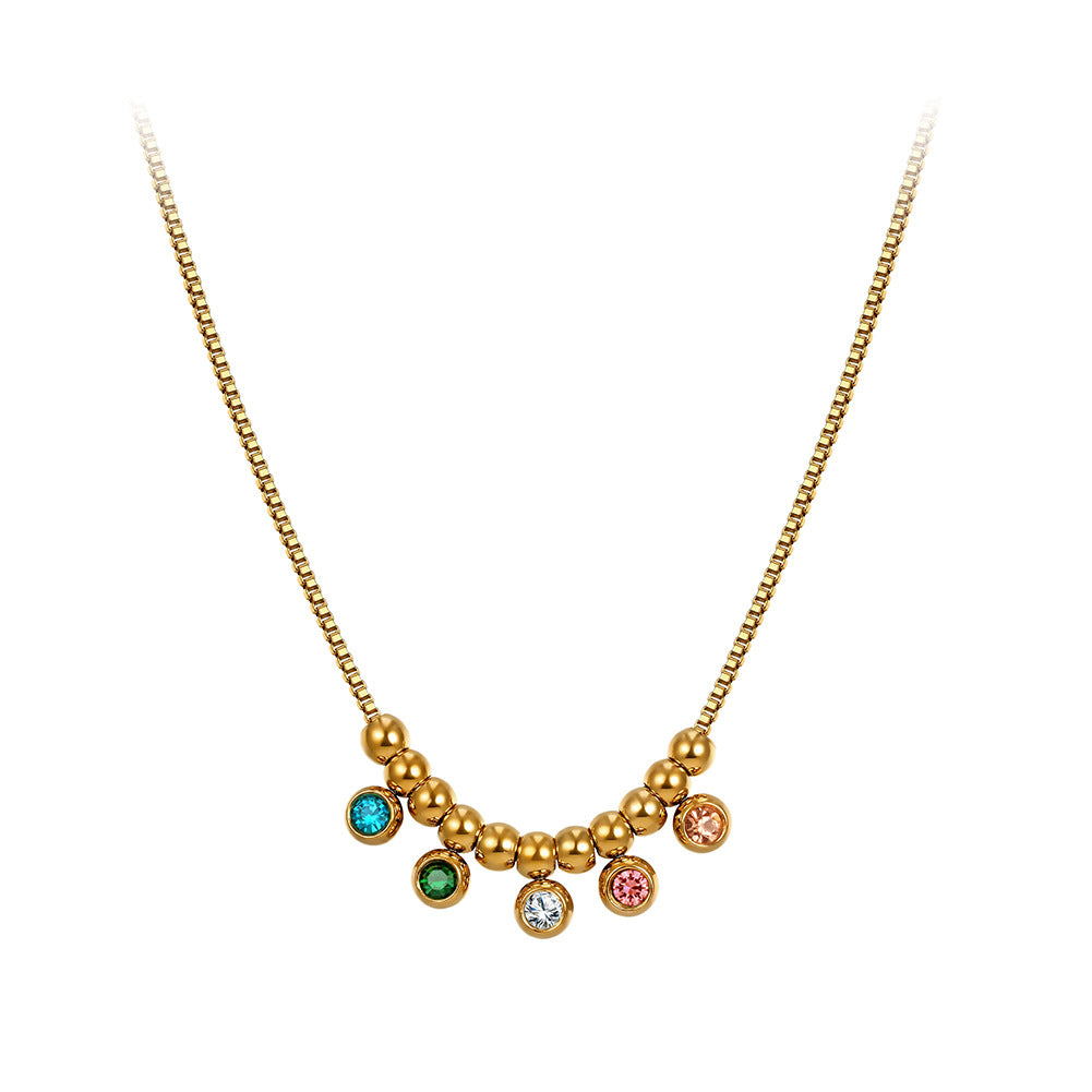 Gold Stainless Steel Beaded Gemstone Station Necklace, Round Metal Ball Beads With Multi Color Inlaid CZ Stones Box Chain