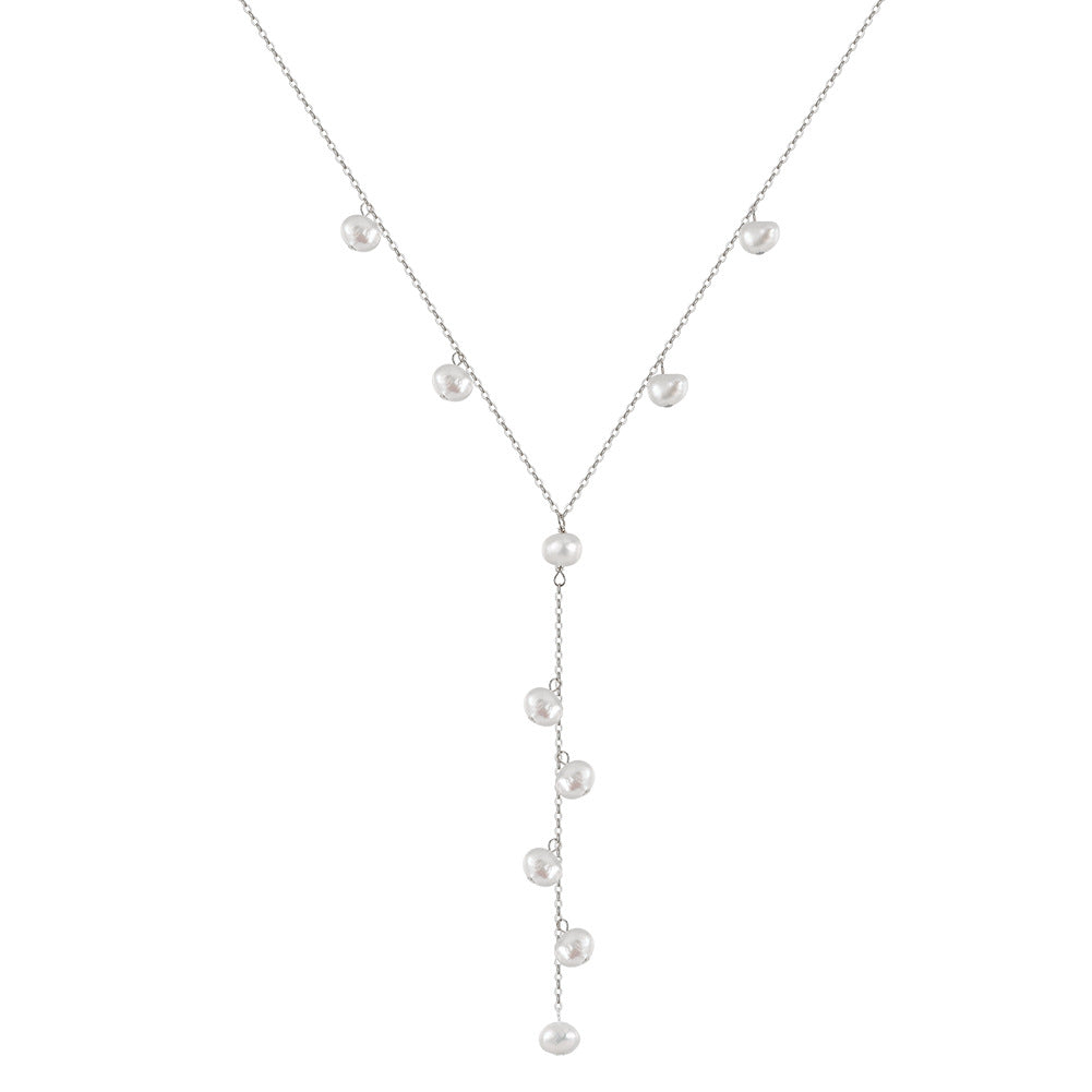 Silver Stainless Steel Multi Baroque Pearl Y Drop Necklace, Dangling Irregular Pearl Lariat Necklace