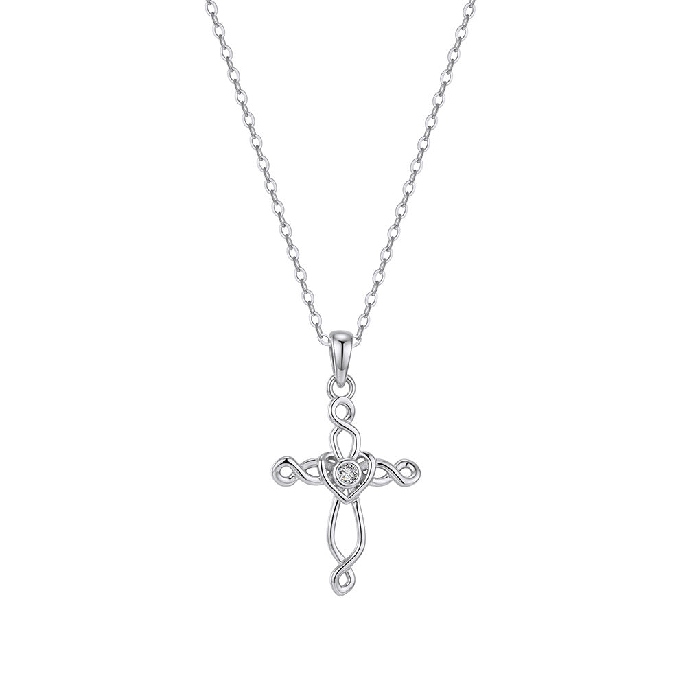 Silver Stainless Steel Hollow Twist Cross Necklace, Intertwined Heart Cross Pendant With Center CZ Stone** 银色不锈钢镂空扭纹十字架项链，缠绕爱心十字，中心镶嵌锆石吊坠
