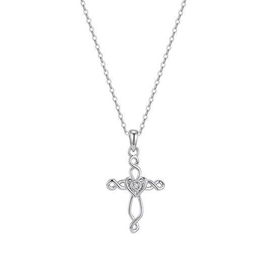 Silver Stainless Steel Hollow Twist Cross Necklace, Intertwined Heart Cross Pendant With Center CZ Stone** 银色不锈钢镂空扭纹十字架项链，缠绕爱心十字，中心镶嵌锆石吊坠