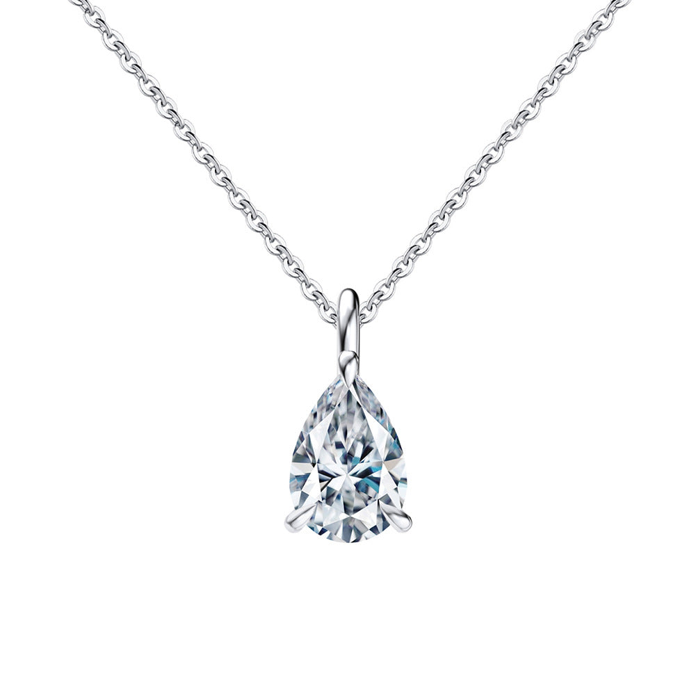 Gold Stainless Steel Pear Cut CZ Solitaire Necklace, Four Prong Teardrop Cubic Zirconia Pendant Cable Chain