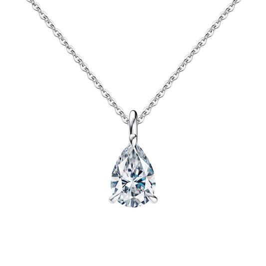Gold Stainless Steel Pear Cut CZ Solitaire Necklace, Four Prong Teardrop Cubic Zirconia Pendant Cable Chain