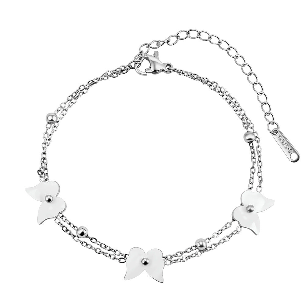 Silver Stainless Steel Double Layer Cable Chain Bracelet, 3 Matte White Butterfly Charms & Round Spacer Beads, Stackable