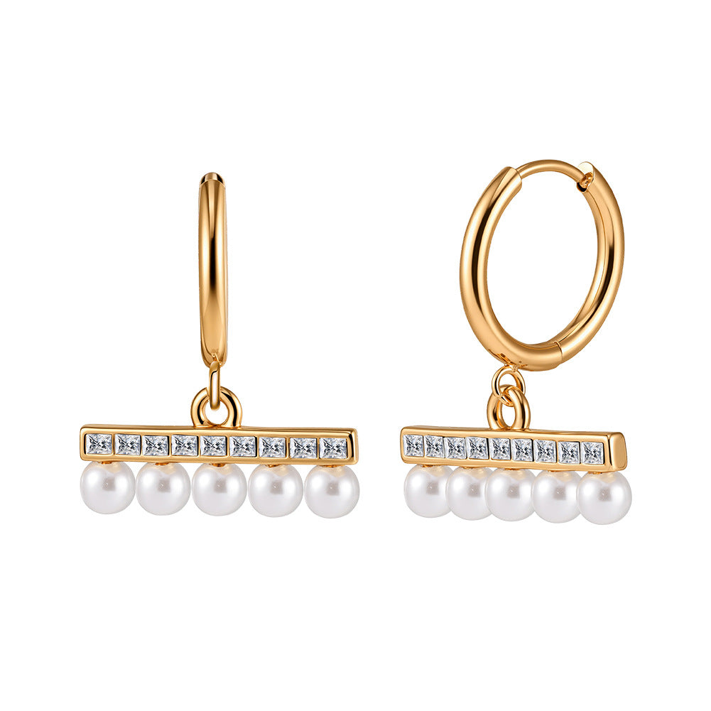 Gold Plated Stainless Steel Horizontal Bar CZ & Pearl Drop Huggie Hoop Earrings