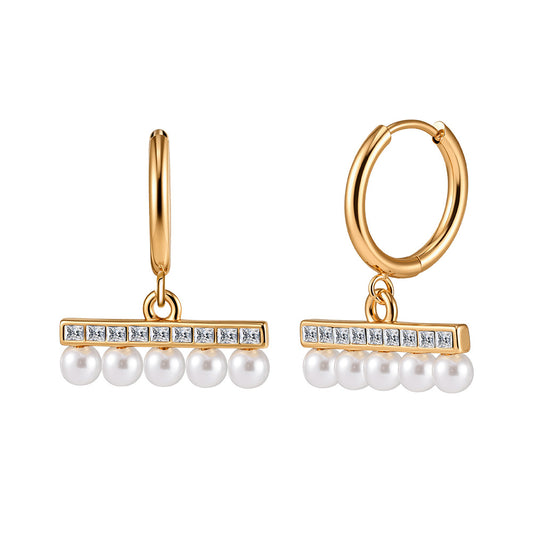 Gold Plated Stainless Steel Horizontal Bar CZ & Pearl Drop Huggie Hoop Earrings