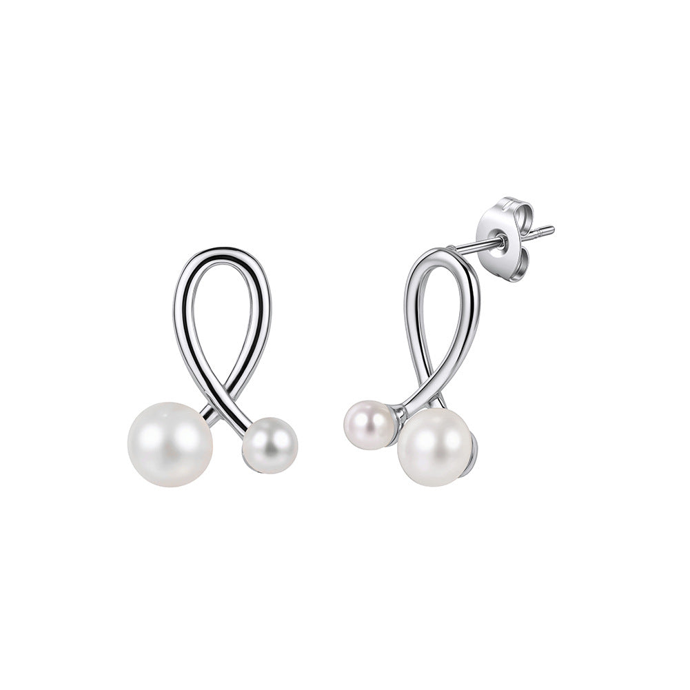 Silver Stainless Steel Twisted Ribbon Stud Earrings with Two Round Pearls