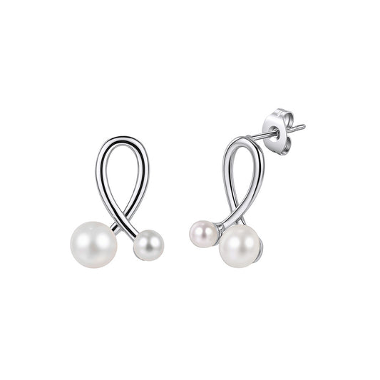 Silver Stainless Steel Twisted Ribbon Stud Earrings with Two Round Pearls