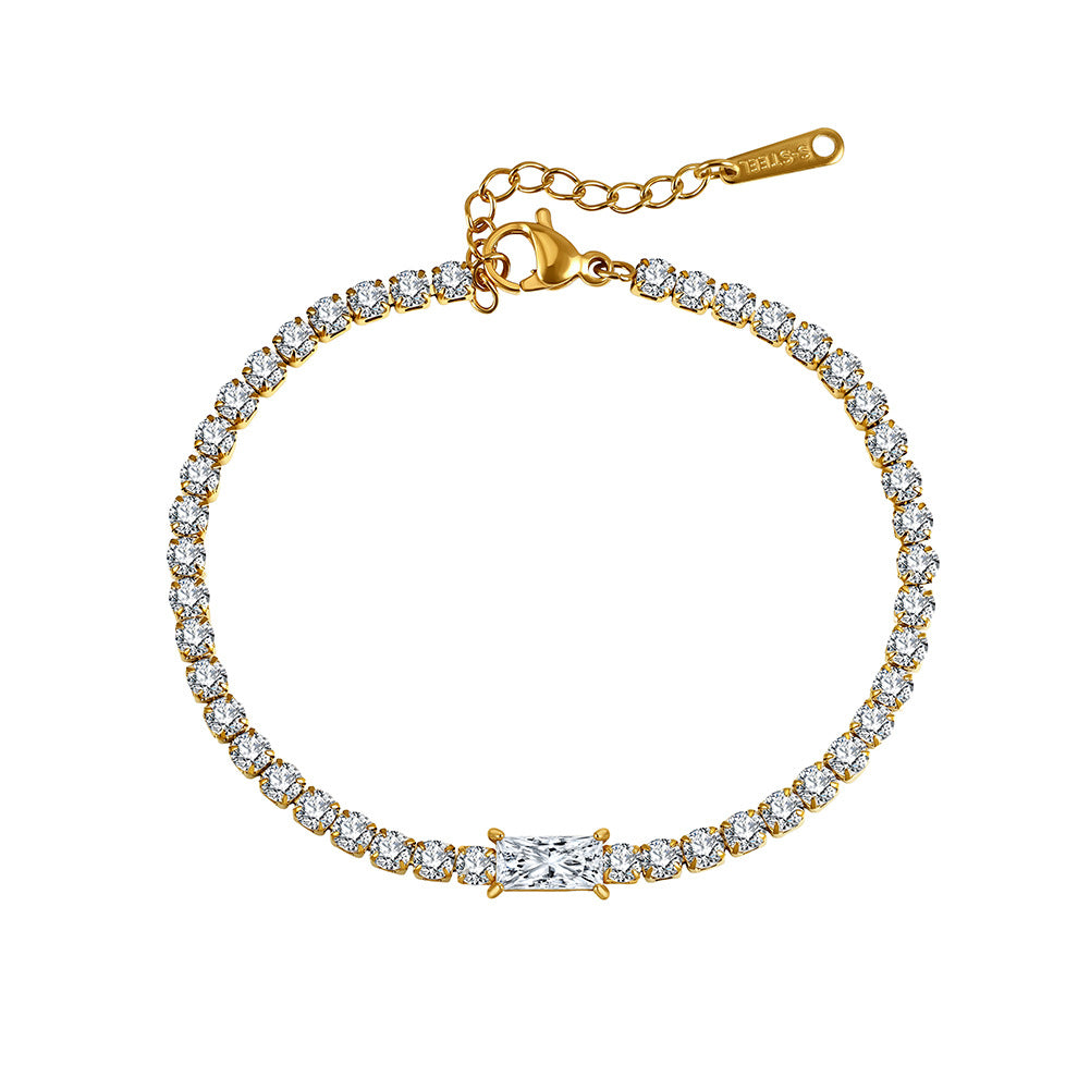 Gold Plated Stainless Steel Rectangle CZ Tennis Bracelet, Baguette Cut Cubic Zirconia Center Stone, Adjustable Extension