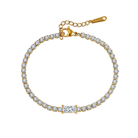 Gold Plated Stainless Steel Rectangle CZ Tennis Bracelet, Baguette Cut Cubic Zirconia Center Stone, Adjustable Extension